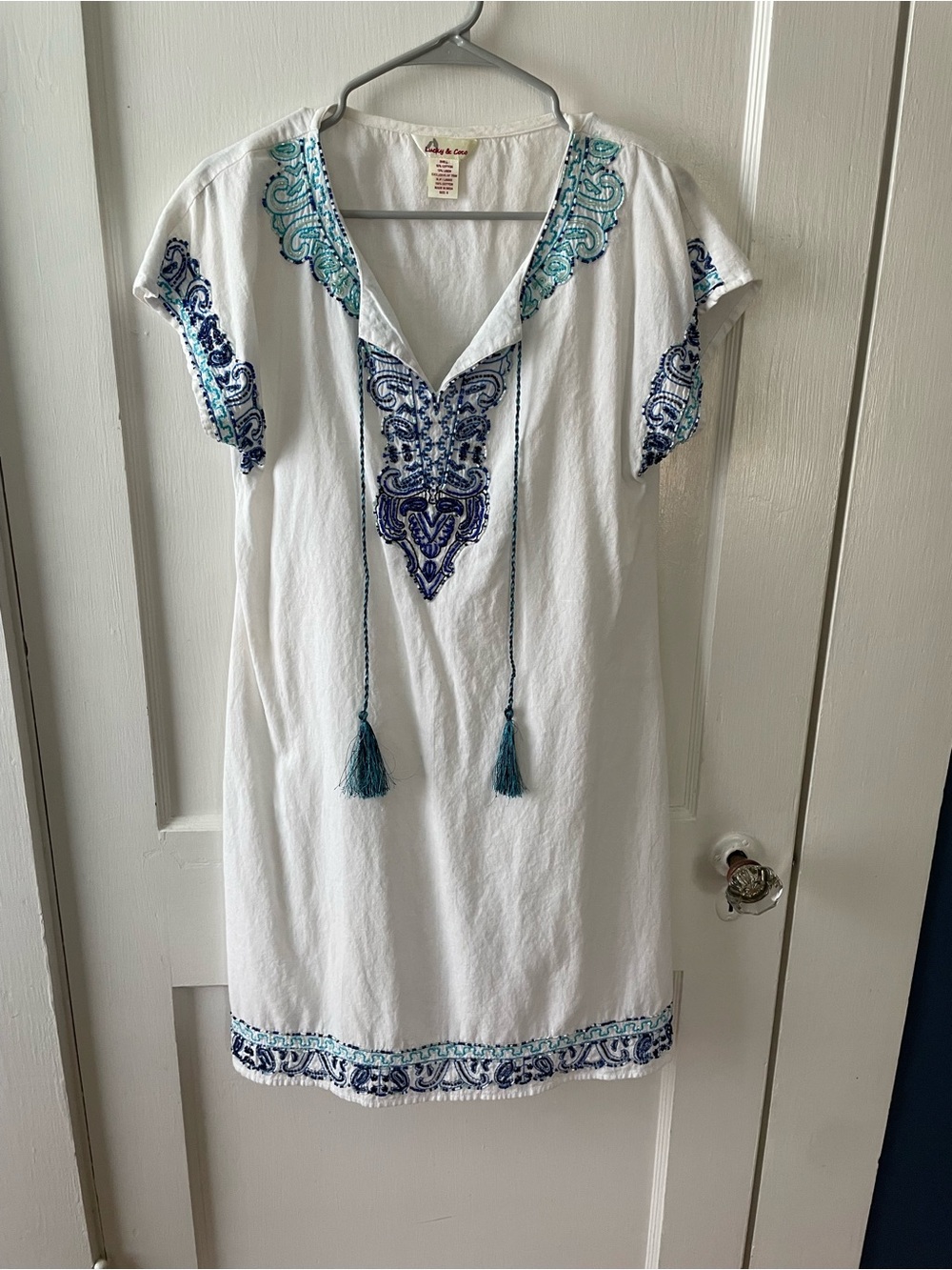 Women’s Embroidered White Swim Coverup with Blue Tassels
